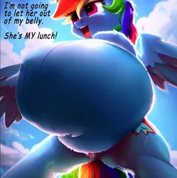 Size: 1017x1020 | Tagged: suggestive, derpibooru import, editor:firenhooves, machine learning generated, purplesmart.ai, stable diffusion, rainbow dash, pony, belly, big belly, cloud, dialogue, female, huge belly, image, impossibly large belly, jpeg, large belly, open mouth, preddash, sky, solo, vore