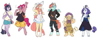 Size: 4591x1825 | Tagged: safe, artist:eggoatt, applejack, fluttershy, pinkie pie, rainbow dash, rarity, twilight sparkle, anthro, classical unicorn, earth pony, pegasus, unguligrade anthro, unicorn, :3, backpack, clothes, cloven hooves, cosplay, costume, crossover, dress, ear piercing, earring, freckles, frown, happy, hat, image, jewelry, jumping, leonine tail, mane six, open mouth, piercing, png, pokémon, shorts, shortstack, simple background, torn clothes, unshorn fetlocks, white background, wings