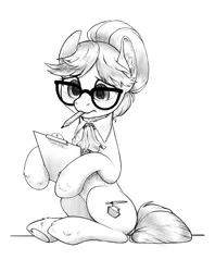 Size: 1752x2216 | Tagged: safe, artist:taytinabelle, derpibooru import, writing desk, earth pony, pony, black and white, clipboard, ear fluff, female, glasses, grayscale, hair bun, heart, heart hoof, image, mare, monochrome, mouth hold, necktie, not raven, pencil, png, simple background, sitting, sitting up, sketch, solo, underhoof, unshorn fetlocks, white background