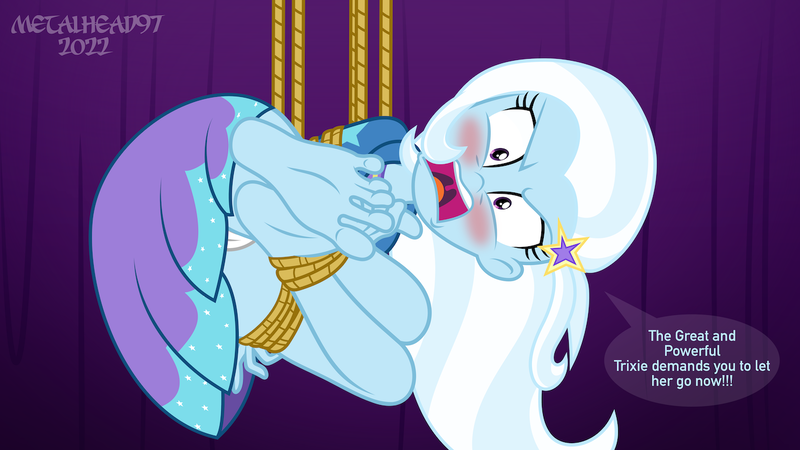 Size: 1280x720 | Tagged: suggestive, artist:metalhead97, derpibooru import, trixie, equestria girls, equestria girls series, angry, barefoot, blushing, bondage, butt, cameltoe, clothes, feet, female, femsub, image, open mouth, panties, panty shot, png, presenting, rope, rope bondage, ropes, show accurate, skirt, skirt lift, solo, solo female, speech bubble, submissive, talking to viewer, the great and powerful ass, the weak and powerless trixie, tied up, trixsub, underwear