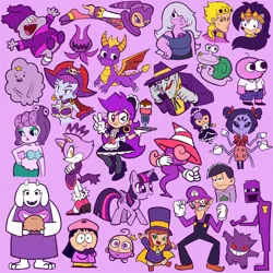 Size: 1200x1200 | Tagged: safe, artist:domestic_maid, derpibooru import, twilight sparkle, twilight sparkle (alicorn), alicorn, dragon, gengar, genie, human, pony, a hat in time, adventure time, amethyst (steven universe), anime, baby, baby fairy, blaze the cat, cartoon network, chowder, cookie run, crossover, cuphead, dc comics, female, five nights at freddy's, food, g4, giorno giovanna, hat kid, ice cream, image, jojo's bizarre adventure, jpeg, kirby (series), mare, meta, muffet, nickelodeon, nights, nights into dreams, nintendo, one eye closed, open mouth, osomatsu-san, paper mario: the thousand year door, pie, pokémon, poof, purple, purple background, purple guy, queen aleena, risky boots, shantae, simple background, smiling, sonic the hedgehog (series), sonic underground, south park, spyro the dragon, spyro the dragon (series), steven universe, super mario bros., the fairly oddparents, the joker, toriel, twitter, undertale, vivian (paper mario), waluigi, wendy testaburger, wingding eyes, wink
