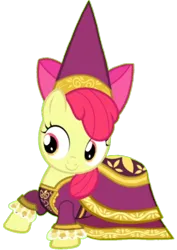 Size: 720x1016 | Tagged: safe, artist:darlycatmake, derpibooru import, apple bloom, earth pony, pony, for whom the sweetie belle toils, clothes, costume, dress, halloween, halloween costume, happy, hat, hennin, holiday, image, png, princess, princess apple bloom, smiling