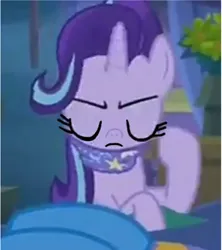 Size: 486x547 | Tagged: safe, artist:darlycatmake, derpibooru import, starlight glimmer, pony, unicorn, road to friendship, angry, annoyed, clothes, eyes closed, image, jpeg, scarf, scarf gag, starlight glimmer is not amused, unamused, unhappy