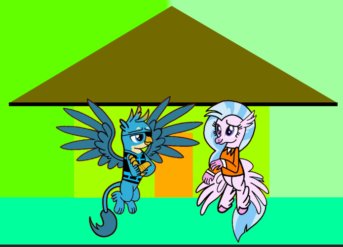 Size: 695x502 | Tagged: safe, artist:darlycatmake, derpibooru import, gallus, silverstream, gryphon, hippogriff, clothes, costume, cute, drawing, fanart, female, gallabetes, gallstream, halloween, halloween costume, happy, holiday, house, image, looking at each other, looking at someone, male, png, prison outfit, shipping, smiling, smiling at each other, spread wings, straight, wings