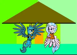 Size: 695x502 | Tagged: safe, artist:darlycatmake, derpibooru import, gallus, silverstream, gryphon, hippogriff, clothes, costume, cute, drawing, fanart, female, gallabetes, gallstream, halloween, halloween costume, happy, holiday, house, image, looking at each other, looking at someone, male, png, prison outfit, shipping, smiling, smiling at each other, spread wings, straight, wings
