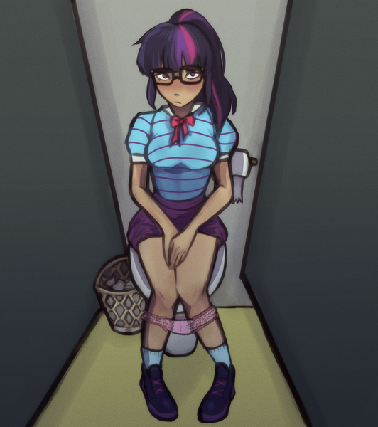 Size: 2039x2300 | Tagged: suggestive, artist:meliciamelano, derpibooru import, sci-twi, twilight sparkle, human, equestria girls, clothes, commission, embarrassed, glasses, high res, humanized, image, looking at you, panties, pink underwear, png, ponytail, restroom, sitting, sitting on toilet, toilet, toilet paper, trash can, underwear