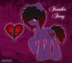 Size: 1939x1685 | Tagged: safe, artist:zeffdakilla, derpibooru import, oc, oc:frankie fang, unofficial characters only, pegasus, pony, abstract background, black hair, cutie mark, emo, emotionless, image, looking back, male, png, purple fur, raised hoof, raised leg, reference sheet, solo, stallion, standing