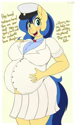 Size: 768x1280 | Tagged: suggestive, artist:an-tonio, derpibooru import, oc, oc:milky way, unofficial characters only, anthro, pony, big breasts, blushing, breasts, busty milky way, clothes, commission, female, freckles, g4, hand on belly, huge breasts, image, implied lactation, jpeg, mare, pregnant, simple background, smiling, solo, solo female, talking to viewer, uniform, yellow background