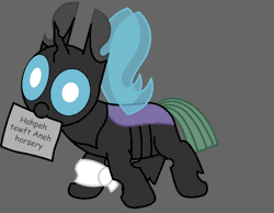 Size: 3000x2327 | Tagged: safe, artist:theunidentifiedchangeling, derpibooru import, oc, oc:[unidentified], changeling, mlp fim's twelfth anniversary, animated, arm band, buggo, changeling oc, cute, cuteling, derp, digital art, gif, gray background, horn, image, intentional spelling error, mouth hold, paper, simple background, solo, spread wings, wings