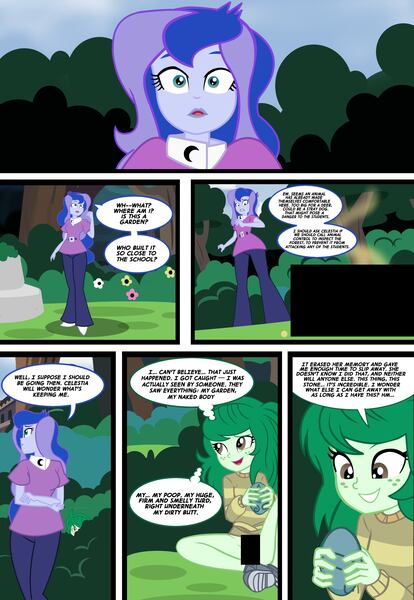 Size: 2200x3186 | Tagged: questionable, alternate version, artist:succubi samus, derpibooru import, princess luna, wallflower blush, comic:flowering desires, equestria girls, censor bar, censored, comic, confused, exhibitionist wallflower, garden, image, implied scat, jpeg, memory stone, nudity, outdoors, partial nudity, sample, show accurate, show accurate porn, vice principal luna