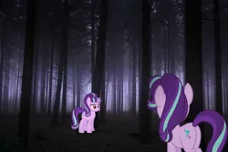 Size: 1600x1067 | Tagged: safe, derpibooru import, starlight glimmer, pony, unicorn, butt, clone, female, forest, g4, glimmer glutes, image, irl, jpeg, mare, photo, plot, ponies in real life, red eyes, s5 starlight, self paradox, tree