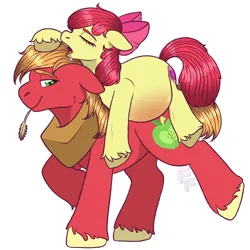 Size: 3000x3000 | Tagged: safe, artist:ponykittenboi, derpibooru import, apple bloom, big macintosh, earth pony, pony, apple bloom riding big macintosh, apple bloom's bow, belly, belly blush, big belly, big macintosh's yoke, bow, brother and sister, derpibooru exclusive, drool, eyes closed, female, filly, foal, hair bow, horse collar, image, implied foalcon, implied underage, lidded eyes, looking back, male, not shipping, open mouth, png, pregnant, pregnant foal, raised leg, siblings, signature, simple background, sleeping, smiling, stallion, straw, straw in mouth, unshorn fetlocks, walking, watermark, white background