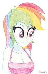 Size: 1250x1920 | Tagged: safe, artist:roseluck, derpibooru import, rainbow dash, human, equestria girls, big breasts, braless, breasts, busty rainbow dash, cleavage, clothes, colored pencil drawing, cutie mark accessory, cutie mark earrings, ear piercing, earring, female, image, implied dashtavia, jewelry, piercing, png, shading, simple background, solo, tanktop, three quarter view, traditional art, white background