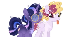 Size: 1280x658 | Tagged: safe, artist:monochrome-sunsets, derpibooru import, oc, oc:nebula, oc:pixie stix, unofficial characters only, pegasus, pony, unicorn, base used, female, glasses, image, magical lesbian spawn, mare, offspring, parent:pinkie pie, parent:rainbow dash, parent:starlight glimmer, parent:twilight sparkle, parents:pinkiedash, parents:twistarlight, png