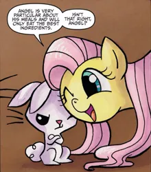 Size: 725x825 | Tagged: safe, artist:agnesgarbowska, derpibooru import, idw, angel bunny, fluttershy, pegasus, pony, rabbit, friends forever, spoiler:comic, animal, dialogue, female, image, jpeg, male, mare, solo