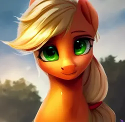 Size: 828x807 | Tagged: safe, derpibooru import, machine learning generated, applejack, earth pony, pony, ai art, bust, cute, female, hatless, image, jpeg, missing accessory, simple background, smiling, solo, solo female, tree