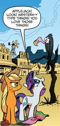 Size: 638x1331 | Tagged: safe, artist:andypriceart, derpibooru import, idw, applejack, rarity, bird, earth pony, pony, unicorn, vulture, friends forever, spoiler:comic, dialogue, duo, female, image, jpeg, mare