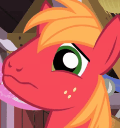 Size: 294x314 | Tagged: safe, derpibooru import, screencap, big macintosh, earth pony, pony, season 2, the last roundup, about to cry, animated, cropped, cute, eye shimmer, freckles, gif, image, macabetes, male, reaction image, sad, sadorable, solo, stallion, wavy mouth