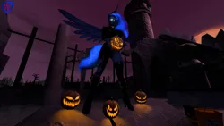 Size: 3840x2160 | Tagged: safe, artist:rainsstudio, derpibooru import, princess luna, alicorn, anthro, plantigrade anthro, 3d, bag, blood moon, candy bag, castle of the royal pony sisters, clothes, female, halloween, holiday, image, jack-o-lantern, knee-high boots, mlp fim's twelfth anniversary, moon, nexgen, night, nightmare night, png, pumpkin, smiling, solo, solo female, source filmmaker, spread wings, wings
