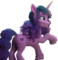 Size: 648x665 | Tagged: episode needed, safe, derpibooru import, edit, edited screencap, screencap, izzy moonbow, pony, unicorn, my little pony: make your mark, my little pony: make your mark chapter 2, spoiler:my little pony: make your mark chapter 2, 3d, background removed, blue mane, female, g5, happy, image, looking right, mare, one leg raised, png, purple eyes, purple skin, simple background, solo, transparent background