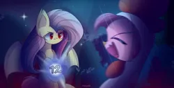 Size: 2550x1300 | Tagged: safe, alternate version, artist:miryelis, derpibooru import, fluttershy, pinkie pie, bat pony, earth pony, pegasus, pony, mlp fim's twelfth anniversary, animal costume, bat ponified, chicken suit, clothes, costume, female, flutterbat, halloween, halloween costume, holiday, image, laughing, mare, numbers, open mouth, png, race swap, red eyes, scared, spread wings, tree, wings