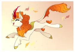 Size: 5000x3500 | Tagged: safe, artist:pointdelta, derpibooru import, autumn blaze, kirin, absurd resolution, autumn, awwtumn blaze, cute, eyes closed, female, image, leaves, open mouth, open smile, png, smiling, solo