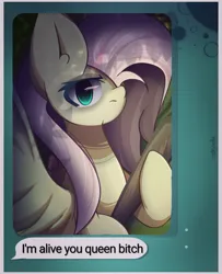 Size: 1297x1600 | Tagged: safe, artist:miryelis, derpibooru import, fluttershy, mean fluttershy, pegasus, pony, the mean 6, baseball bat, clone, holding, image, looking at you, message, png, serious, simple background, solo, swearing, text, vulgar, wings