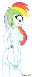 Size: 800x1920 | Tagged: suggestive, artist:roseluck, derpibooru import, rainbow dash, human, equestria girls, ass, big breasts, breasts, busty rainbow dash, butt, colored pencil drawing, complete nudity, cutie mark accessory, cutie mark earrings, cutie mark tattoo, ear piercing, earring, female, hand on hip, image, implied dashtavia, jewelry, jewelry only, looking at butt, looking at something, looking down, looking over shoulder, nudity, open mouth, open smile, piercing, png, rainbutt dash, rear view, ring, shading, simple background, smiling, solo, solo female, tattoo, traditional art, wedding ring, white background