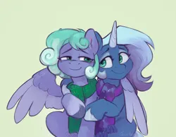 Size: 1248x970 | Tagged: safe, artist:jewellier, derpibooru import, oc, oc:cyanite star, oc:sea (oda 1997), unofficial characters only, pony, unicorn, clothes, duo, duo female, female, hug, image, looking at each other, looking at someone, looking at you, mare, oda 1997, oda 997, png, scarf, simple background, unshorn fetlocks, white background, winghug, wings