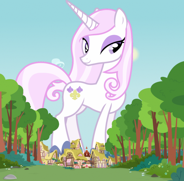 Size: 1280x1262 | Tagged: safe, derpibooru import, fleur-de-lis, pony, unicorn, cute, female, giant pony, giant unicorn, giantess, houses, image, looking at you, macro, mare, mega giant, mountain, png, ponyville, ponyville town hall, smiling, solo, tree