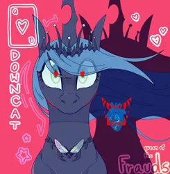 Size: 1586x1620 | Tagged: safe, artist:breakcqrpse, derpibooru import, queen chrysalis, changeling, changeling queen, blue mane, cats millionaire, crown, digital art, female, heart, heart eyes, idk what else to put, image, jewelry, necklace, png, regalia, shadow, solo, solo female, teeth, wingding eyes