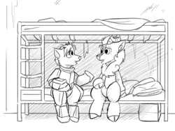 Size: 4000x3000 | Tagged: safe, artist:captainhoers, derpibooru import, oc, unofficial characters only, kirin, bunk bed, cloven hooves, duo, grayscale, image, jpeg, kirin oc, monochrome, sitting