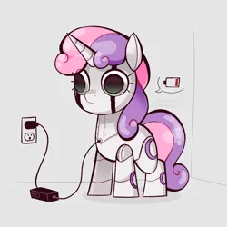 Size: 1807x1807 | Tagged: safe, artist:syrupyyy, derpibooru import, sweetie belle, pony, robot, robot pony, unicorn, charging, female, filly, foal, image, png, ponytober, solo, sweetie bot