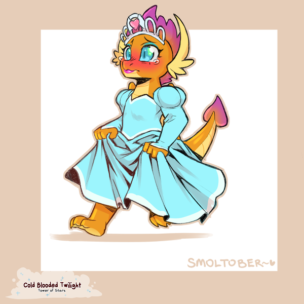 Size: 1200x1200 | Tagged: safe, artist:cold-blooded-twilight, derpibooru import, smolder, dragon, blushing, clothes, crown, crying, cute, dress, eyeshadow, image, jewelry, lipstick, makeup, png, princess dress, regalia, smolder also dresses in style, smolderbetes, solo, tiara