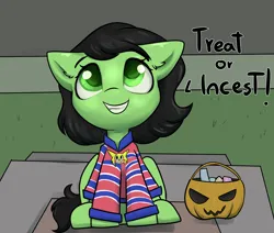Size: 2600x2200 | Tagged: safe, artist:dumbwoofer, derpibooru import, oc, oc:anonfilly, earth pony, pony, candy, chris chan, clothes, costume, ear fluff, female, filly, food, grass, grin, halloween, halloween costume, holiday, image, jewelry, looking at you, looking up, looking up at you, male, necklace, open mouth, png, porch, shirt, sitting, smiling, solo, sonic the hedgehog, sonic the hedgehog (series), sonichu, text, trick or treat