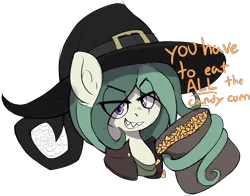 Size: 3559x2795 | Tagged: safe, artist:czu, derpibooru import, oc, oc:coven, earth pony, pony, bust, candy, candy corn, eye clipping through hair, food, hat, image, png, prehensile mane, sharp teeth, simple background, smug, talking to viewer, teeth, text, transparent background, witch, witch hat, you have to eat all the eggs