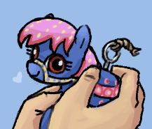 Size: 217x185 | Tagged: safe, artist:plunger, derpibooru import, ponified, earth pony, human, pony, female, hand, happy, heart, holding a pony, image, keychain, mare, png, polka dots, saddle, solo, tack