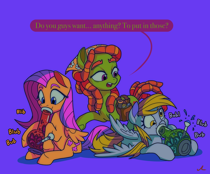 Size: 6895x5700 | Tagged: safe, artist:docwario, derpibooru import, derpy hooves, fluttershy, tree hugger, earth pony, pegasus, pony, bong, bubble, cute, derpabetes, drugs, female, fluttober, image, jar, lying down, mare, marijuana, open mouth, png, prone, purple background, raised hoof, shyabetes, simple background, sitting, trio, you're doing it wrong