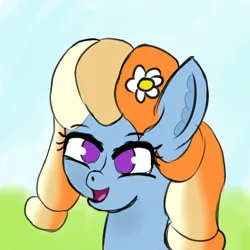 Size: 5000x5000 | Tagged: safe, artist:houndy, derpibooru import, oc, oc:aurelia coe, earth pony, cute, flower, flower in hair, happy, image, looking at you, multicolored hair, png, purple eyes, simple background, smiling, smiling at you