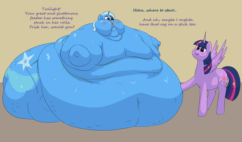 Size: 3205x1886 | Tagged: questionable, artist:lupin quill, derpibooru import, trixie, twilight sparkle, twilight sparkle (alicorn), alicorn, pony, unicorn, series:secrets among sorcerers (weight gain), bedroom eyes, belly, belly button, belly grab, big belly, bingo wings, blushing, butt, cellulite, chubby cheeks, dialogue, encouragement, fat, fat fetish, feedee, feeder, female, fetish, flabby chest, grope, image, immobile, large butt, lesbian, messy eating, morbidly obese, obese, open mouth, plot, plump, png, rolls of fat, scrunchy face, shipping, simple background, sitting, slob, spread wings, sweat, sweatdrop, the ass was fat, the great and bountiful trixie, the great and powerful ass, twixie, underhoof, weight gain, weight gain sequence, wingboner, wings