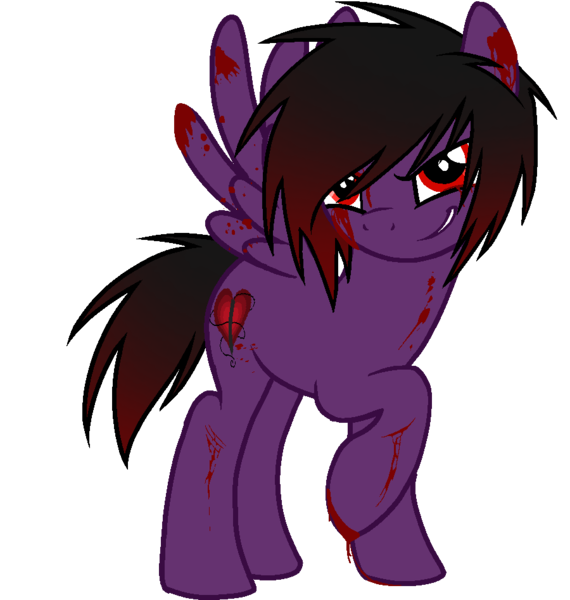 Size: 900x948 | Tagged: safe, artist:zeffdakilla, derpibooru import, oc, oc:frankie fang, pegasus, pony, base used, black hair, black mane, blood, creepy, emo, evil, evil grin, grin, image, looking at you, male, png, purple fur, raised hoof, raised leg, simple background, smiling, solo, stallion, standing, transparent background