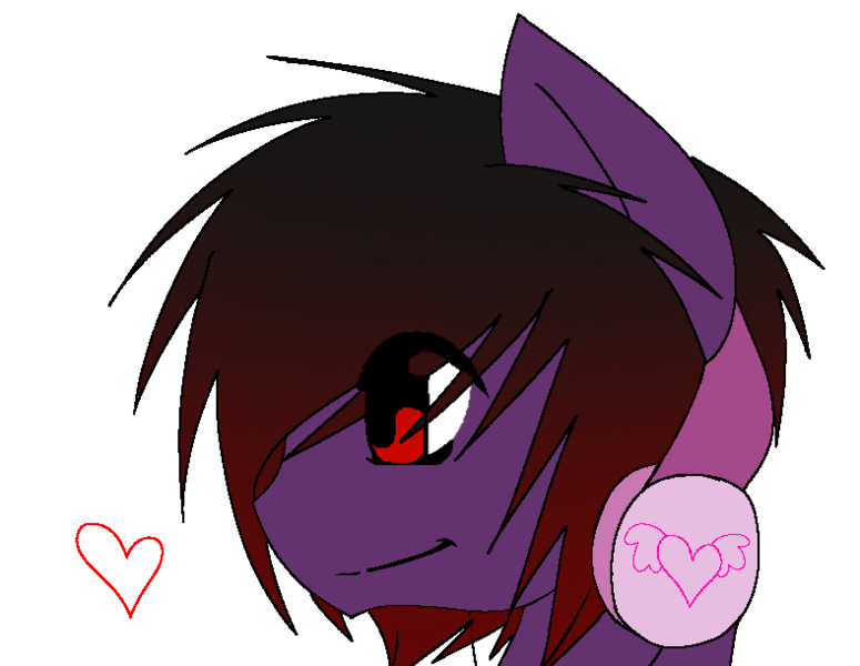 Size: 788x610 | Tagged: safe, artist:zeffdakilla, derpibooru import, oc, oc:frankie fang, unofficial characters only, pegasus, pony, black hair, black mane, bust, emo, headphones, heart, hidden wings, image, looking away, png, purple fur, side view, smiling, solo, turned away