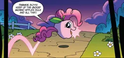 Size: 1334x622 | Tagged: safe, artist:tonyfleecs, derpibooru import, idw, pinkie pie, night of the living apples, spoiler:comic, apple, dialogue, female, food, food transformation, image, inanimate tf, jpeg, living apple, solo, transformation