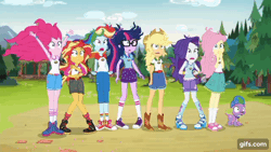 Size: 640x360 | Tagged: safe, derpibooru import, screencap, applejack, fluttershy, pinkie pie, rainbow dash, rarity, sci-twi, spike, sunset shimmer, twilight sparkle, equestria girls, legend of everfree, animated, clothes, converse, faint, gif, humane five, humane seven, humane six, image, shoes