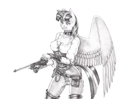 Size: 1500x1197 | Tagged: safe, artist:baron engel, derpibooru import, twilight sparkle, twilight sparkle (alicorn), alicorn, anthro, c93 borchardt, clothes, female, grayscale, gun, handgun, image, jpeg, monochrome, pencil drawing, pistol, solo, story in the source, story included, traditional art, weapon