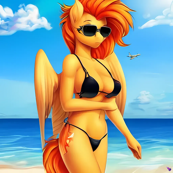 Size: 1024x1024 | Tagged: suggestive, derpibooru import, machine learning generated, purplesmart.ai, stable diffusion, spitfire, anthro, pegasus, beach, bikini, black bikini, clothes, cloud, female, image, ocean, png, sexy, solo, sunglasses, swimsuit, water, wings