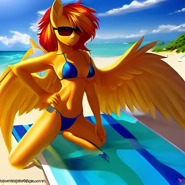 Size: 1024x1024 | Tagged: suggestive, derpibooru import, machine learning generated, purplesmart.ai, stable diffusion, spitfire, anthro, pegasus, beach, beach blanket, bikini, clothes, cloud, female, image, ocean, png, sexy, solo, spread wings, sultry pose, sunglasses, swimsuit, towel, water, wings