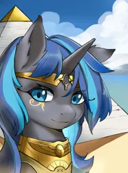 Size: 3120x4200 | Tagged: safe, artist:kaiser-sauce, derpibooru import, oc, pony, unicorn, blue eyes, blue hair, bust, egyptian, image, png, portrait