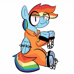 Size: 1847x1847 | Tagged: safe, artist:eveeyuwu, derpibooru import, rainbow dash, pegasus, pony, bound wings, chained, chains, clothes, commission, commissioner:rainbowdash69, cuffed, female, g4, grumpy, image, jpeg, mare, never doubt rainbowdash69's involvement, prison outfit, prisoner rd, raised hoof, solo, wings