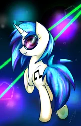 Size: 1024x1583 | Tagged: safe, artist:celliron, derpibooru import, vinyl scratch, pony, unicorn, abstract background, female, g4, grin, image, jpeg, looking at you, looking back, looking back at you, mare, music notes, raised hoof, smiling, solo